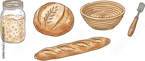 Фотография Baking bread ingredients and tools for homemade artisan bread making illustration