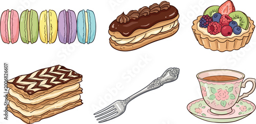 Obraz na płótnie Set of hand drawn sweet pastries with macarons eclair tartlet fork and cup of floral tea