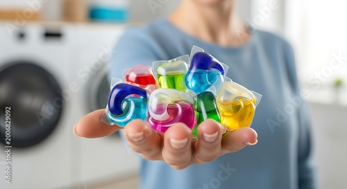 Hand holds colorful laundry detergent pods, with washing machines in background