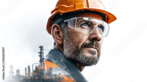 Engineer inspecting oil plant in double exposure style