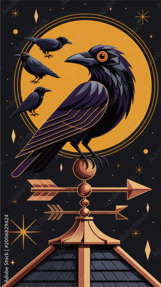 Obraz premium Mystic raven on copper weather vane under full moon and stars, dark night sky crow illustration, occult fantasy poster art