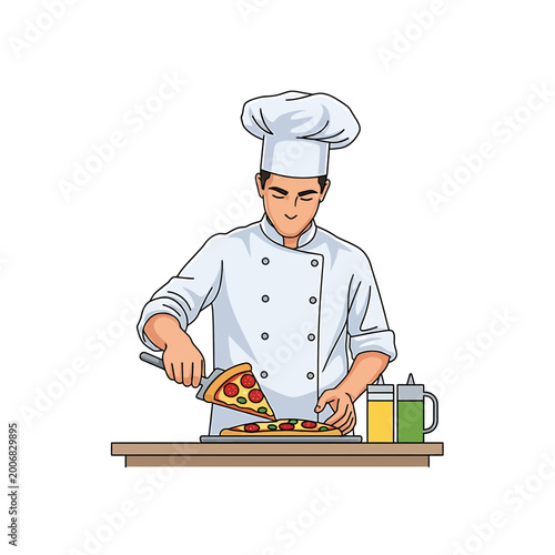 Professional chef serving a fresh pepperoni pizza slice illustration