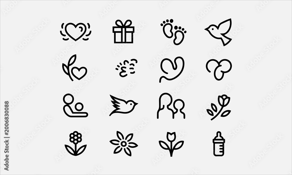 Fototapeta premium Mother's Day Motherhood Line Art vector icon set Doodle Icons Collection Black White Symbols for Family Celebration, Gifts, and Lifestyle vector illustration