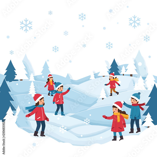 Happy children playing outdoors in snowy winter landscape vector