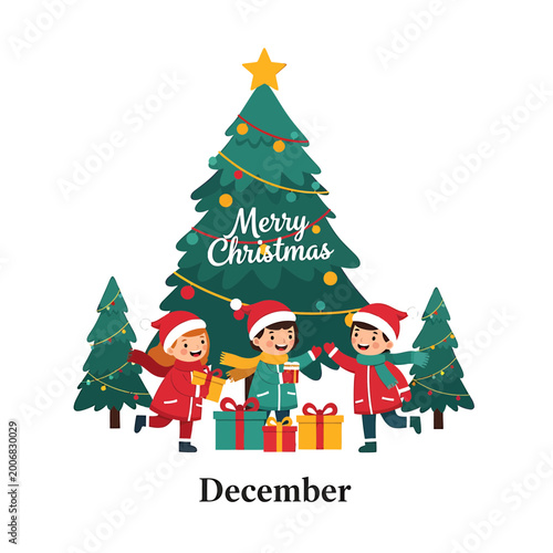 Happy children celebrating around a decorated Christmas tree illustration
