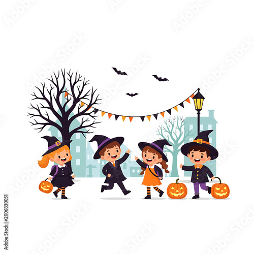 Cute kids in witch costumes walking with pumpkins for Halloween