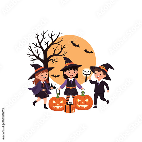 Kids in witch and wizard costumes with pumpkins under a full moon