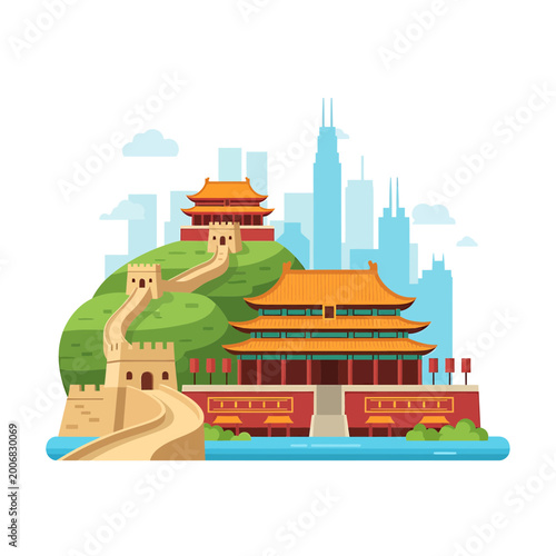 Traditional Chinese Landmarks and Great Wall Vector Illustration