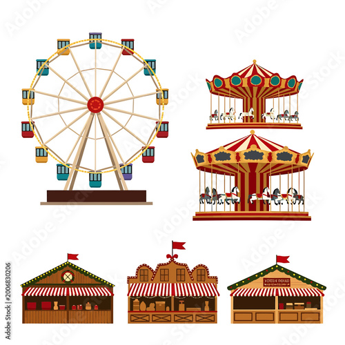 Vintage Amusement Park Rides and Fair Stalls Vector Illustration