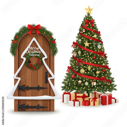 Christmas Tree with Gifts and Decorated Wooden Door Vector Illustration