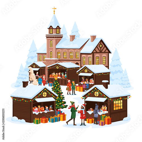 Festive Christmas Market Illustration with Snowy Stalls and People