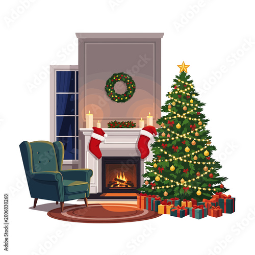 Cozy Living Room Christmas Illustration with Fireplace and Tree
