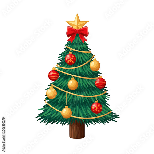 Traditional Christmas tree with red bow star and baubles illustration