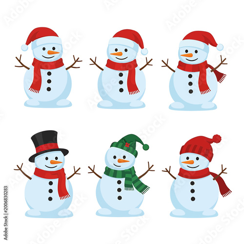 Set of cute cartoon snowmen characters with hats and scarves