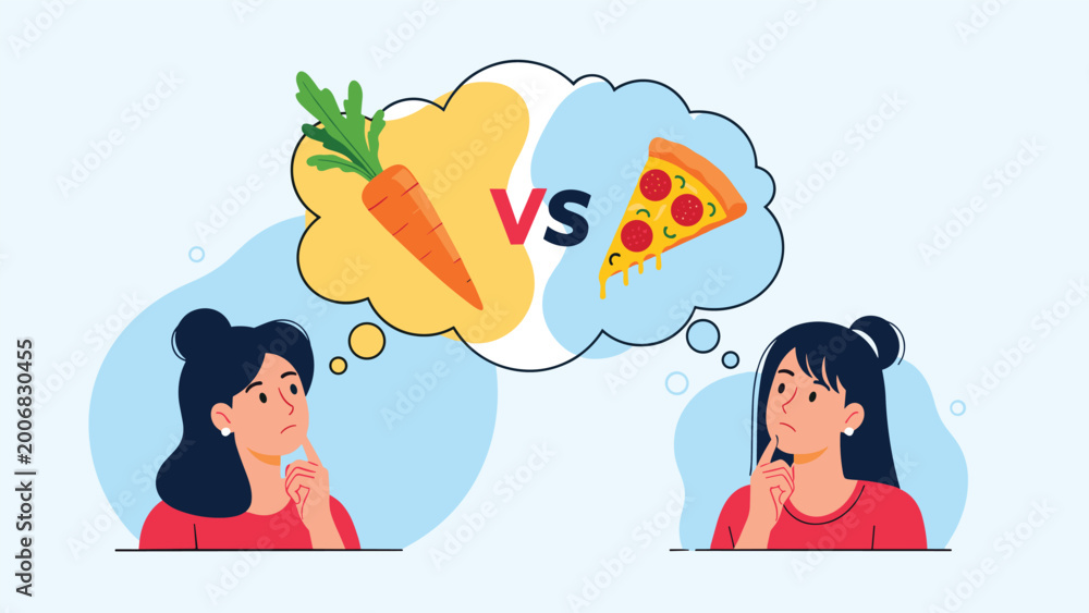 Fototapeta premium Illustration of two women thinking and choosing between a healthy carrot and a slice of pepperoni pizza for dietary decisions.