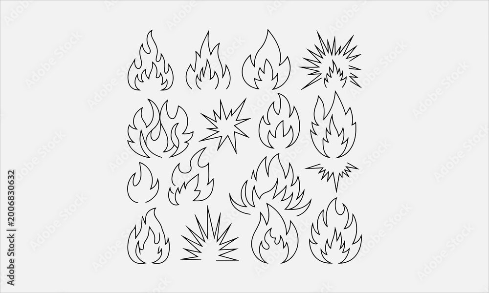 Fototapeta premium Set of fire flames and fire explosion line art vector icon set illustration for books, printing, video, clipart, and T-shirt design vector illustration