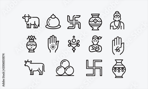 simple gray 10 line art vector icons set such as indian cow, laddu, swastika, indian vase, henna painted hand, gnostic, hanuman vector illustration