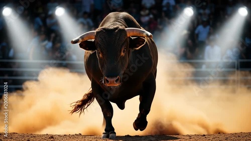 Charging Bull In Rodeo Arena Kicking Up Dust Viewed From Frontal Perspective Under Bright Stadium Lights Crowd In The Background Cheering For Power