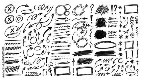 Collection of hand drawn scribble elements and arrows with graphic resources mark making exclamation mark question mark black and white scribble elements abstract illustration scribbles