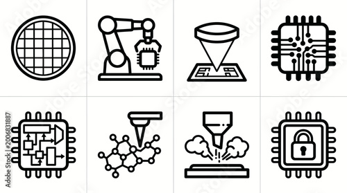 Bild auf Leinwand Vector icon set for semiconductor manufacturing, microchip design, and nanotechnology production
