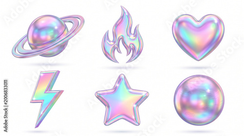Set of iridescent holographic 3D rendered shapes including a planet flame heart lightning bolt star sphere on a white background isolated graphic elements with holographic iridescent metallic