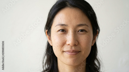 Portrait of a smiling Asian woman with dark hair, looking directly at the camera with a neutral expression and a subtle smile