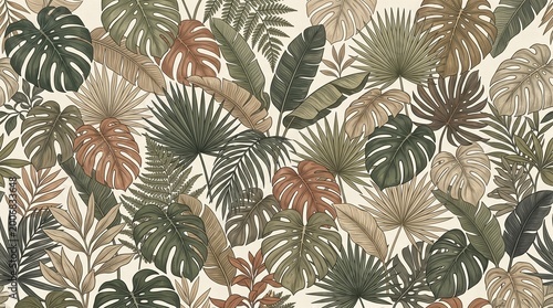 Tropical leaf pattern background with various green, brown, and beige exotic palm and monstera leaves on cream