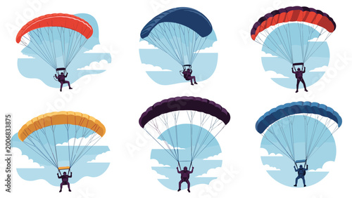Various paragliders with brightly colored parachutes soaring through a clear blue sky with fluffy white clouds in circular icons.