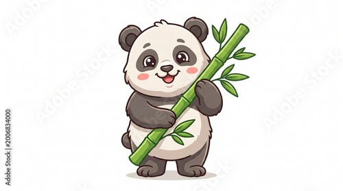 A cheerful cartoon panda bear holding a bamboo stalk with a happy expression on its face.
