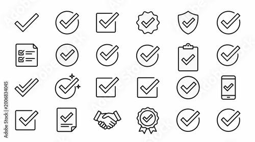 Thin Line Checkmark Icon Set Vector Collection