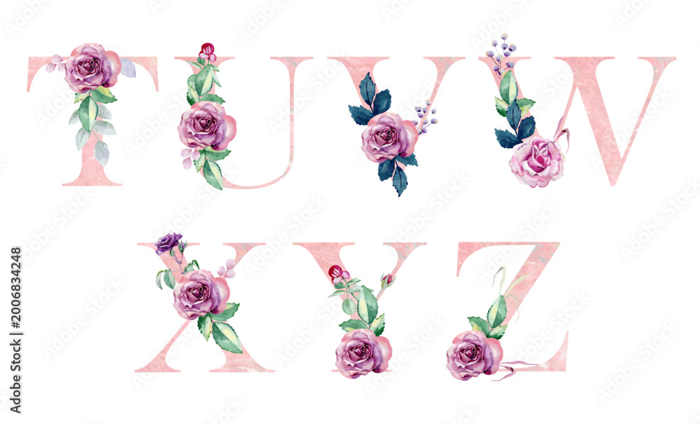 Fototapeta premium Vector watercolor floral alphabet for wedding invitations, greeting card, birthday, logo, poster and other.