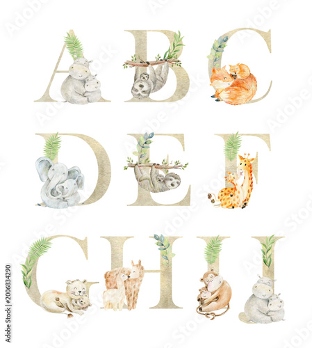 Photography Vector watercolor safari animals letters for invitation card, nursery poster and other