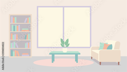 Tableau sur toile Minimalist living room with bookshelf, sofa, coffee table and potted plant near