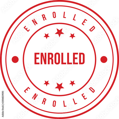 A vibrant red circular rubber stamp featuring the word ENROLLED highlighted on a pristine white surface