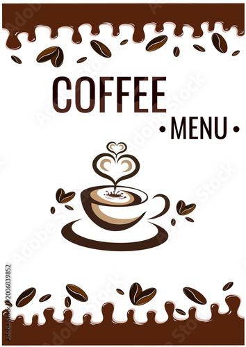 Elegant Coffee Menu Cover with Coffee Bean Border and Heart Latte Art