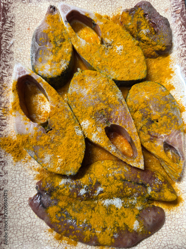 Slices of fresh raw ilish fish ready for cooking.this photo was taken from Bangladesh.
