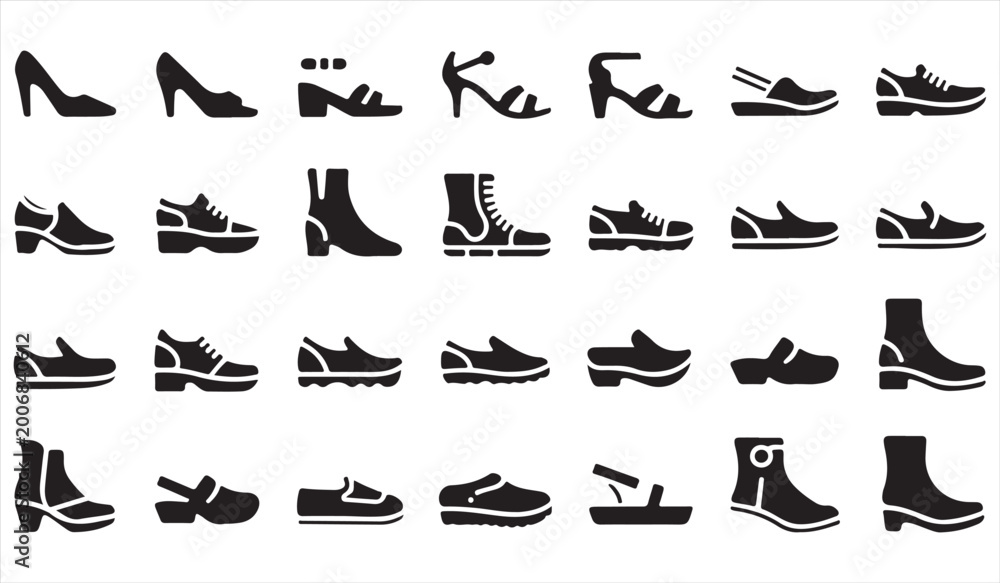 Obraz premium Shoe silhouette icon set with various footwear styles including sneakers, boots, heels and casual shoes, black vector collection isolated on white background
