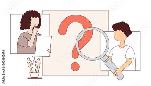 A minimal flat illustration of two people discussing and pointing at posters with question marks, symbolizing curiosity, problem-solving, and communication.