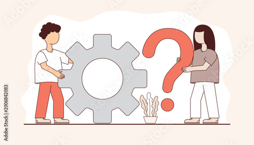 A minimal flat illustration of two people discussing and pointing at posters with question marks, symbolizing curiosity, problem-solving, and communication.