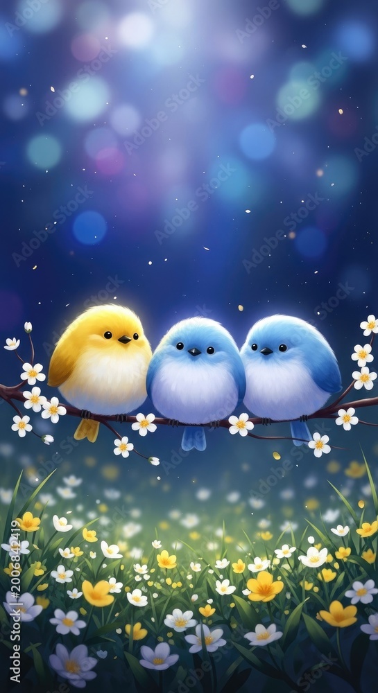 Fototapeta premium Three cute birds resting on lily pads in a magical pond