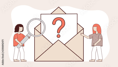 A minimal flat illustration of two people discussing and pointing at posters with question marks, symbolizing curiosity, problem-solving, and communication.