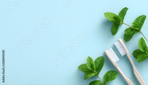 A clean and fresh setting featuring two bamboo toothbrushes surrounded by vibrant mint leaves on a soft blue background, promoting eco-friendly dental care and sustainability.