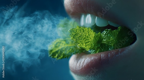 A close-up of a mouth exhaling smoke with fresh mint leaves inside