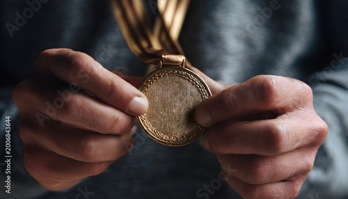 A close-up of hands holding a gold medal with a ribbon. The medal symbolizes achievement and success in sports, representing hard work and dedication to a goal.
