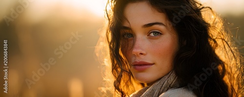 A close-up portrait of a young woman with flowing hair, captured in golden hour light
