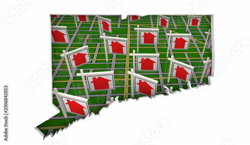 Connecticut CT State Real Estate Market Homes Houses For Sale Signs Map Move Relocate 3d Illustration
