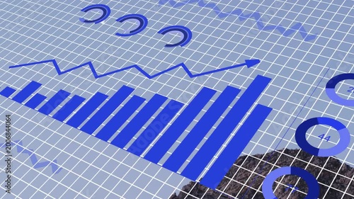 On scene load blue data visuals assembling on grid, bars extending, rings settling, showing trends