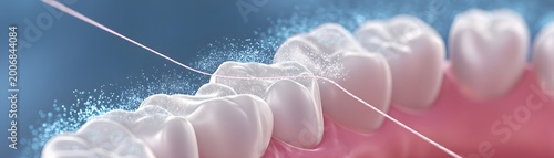 A close-up view of dental floss being used between teeth, highlighting the importance of oral hygiene. Clean teeth and gums are essential for overall health and well-being.