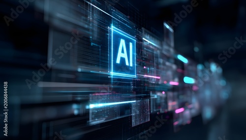 A futuristic depiction of artificial intelligence with glowing text and abstract data streams. This image conveys innovation, technology, and the digital age's rapid evolution.