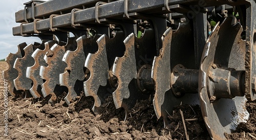 Heavy-duty agricultural discs pulverize soil in a close-up view